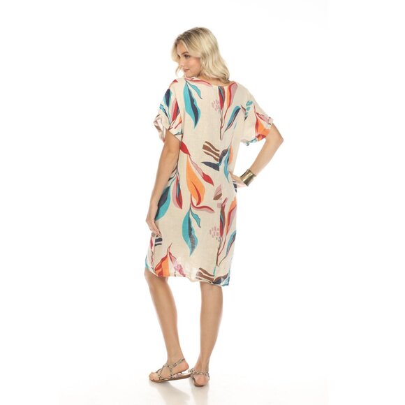 Beige Leaf Print Side Button Dress - Picture 6 of 7